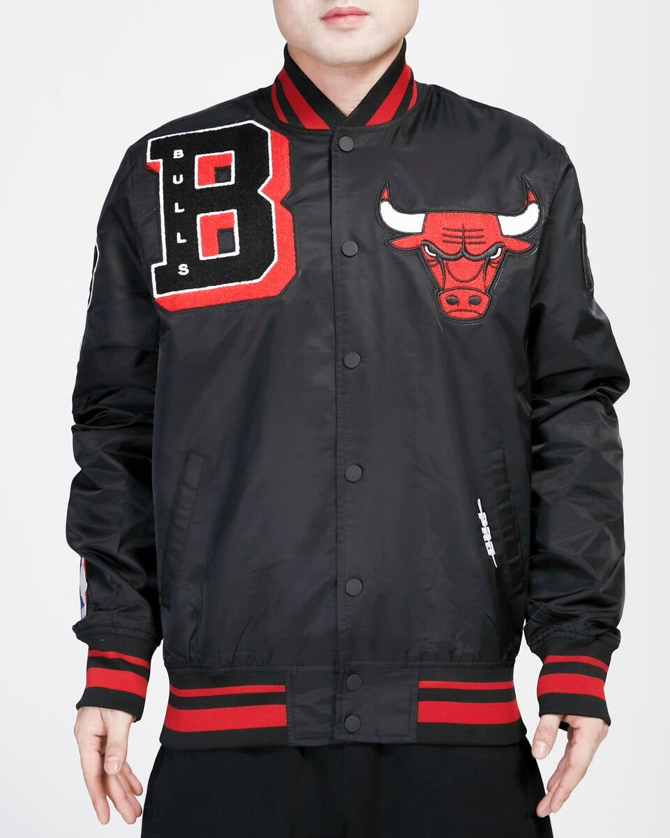 Chicago Bulls Black Satin Mash Up Jacket product image 1, provided for visual reference and product detail review