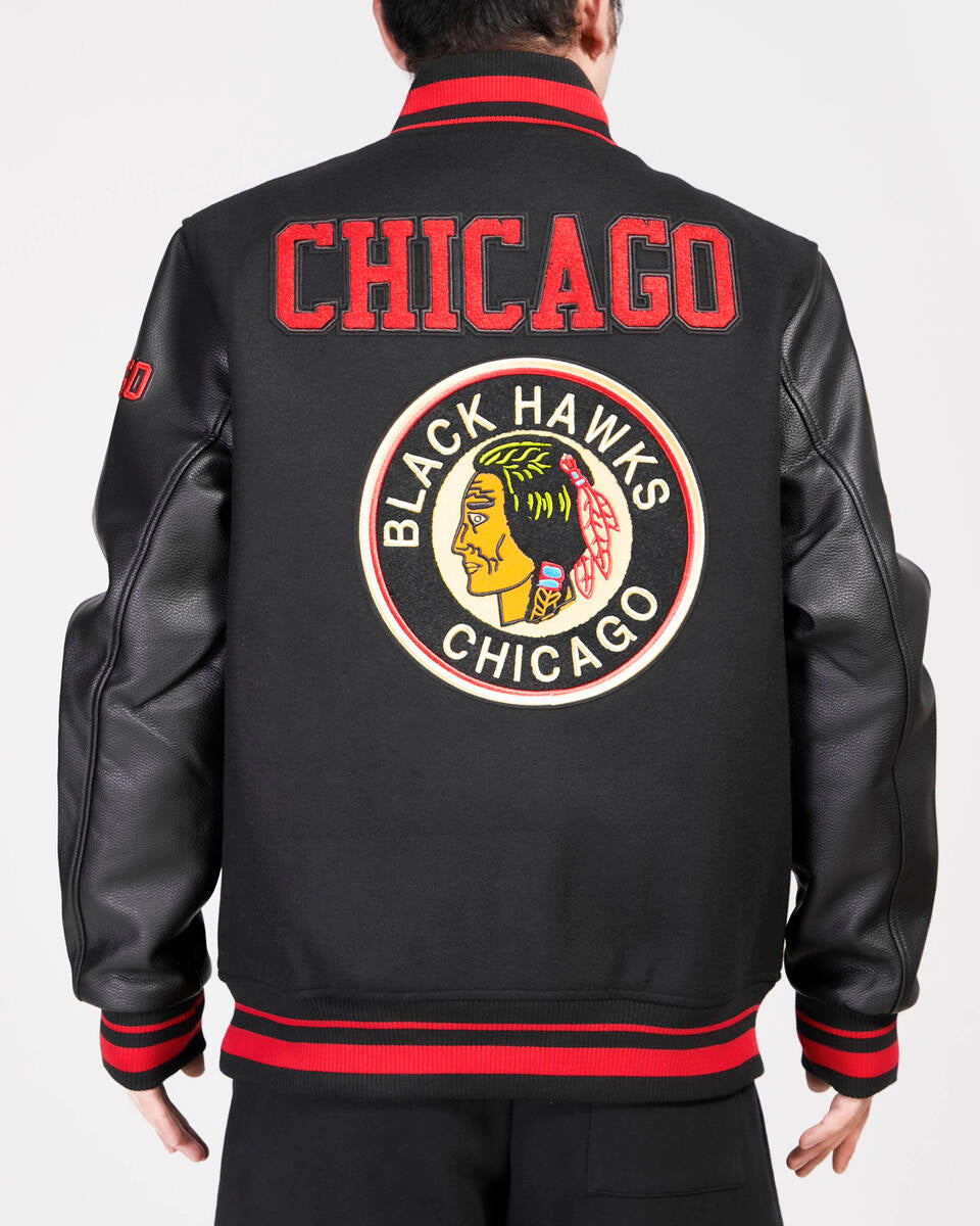 Chicago Blackhawks Pro Standard Black Wool Varsity Jacket product image 2, provided for visual reference and product detail