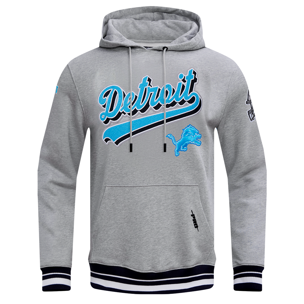 Detroit Lions Pro Standard Grey Script Tail Rib Hoodie product image 1, provided for visual reference and product detail