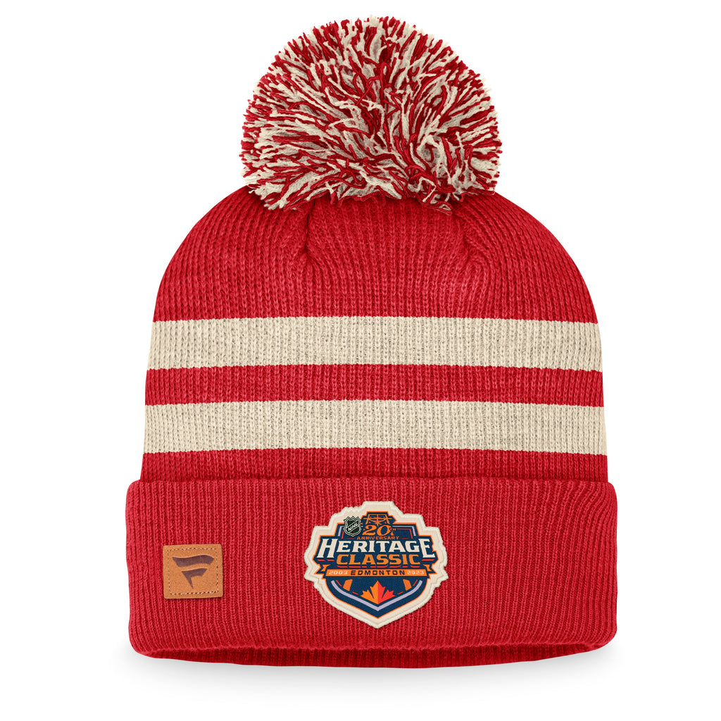 Calgary Flames NHL Fanatics Branded Women Red 2023 Heritage Classic Cuff Pom Knit Hat product image 2, provided for visual