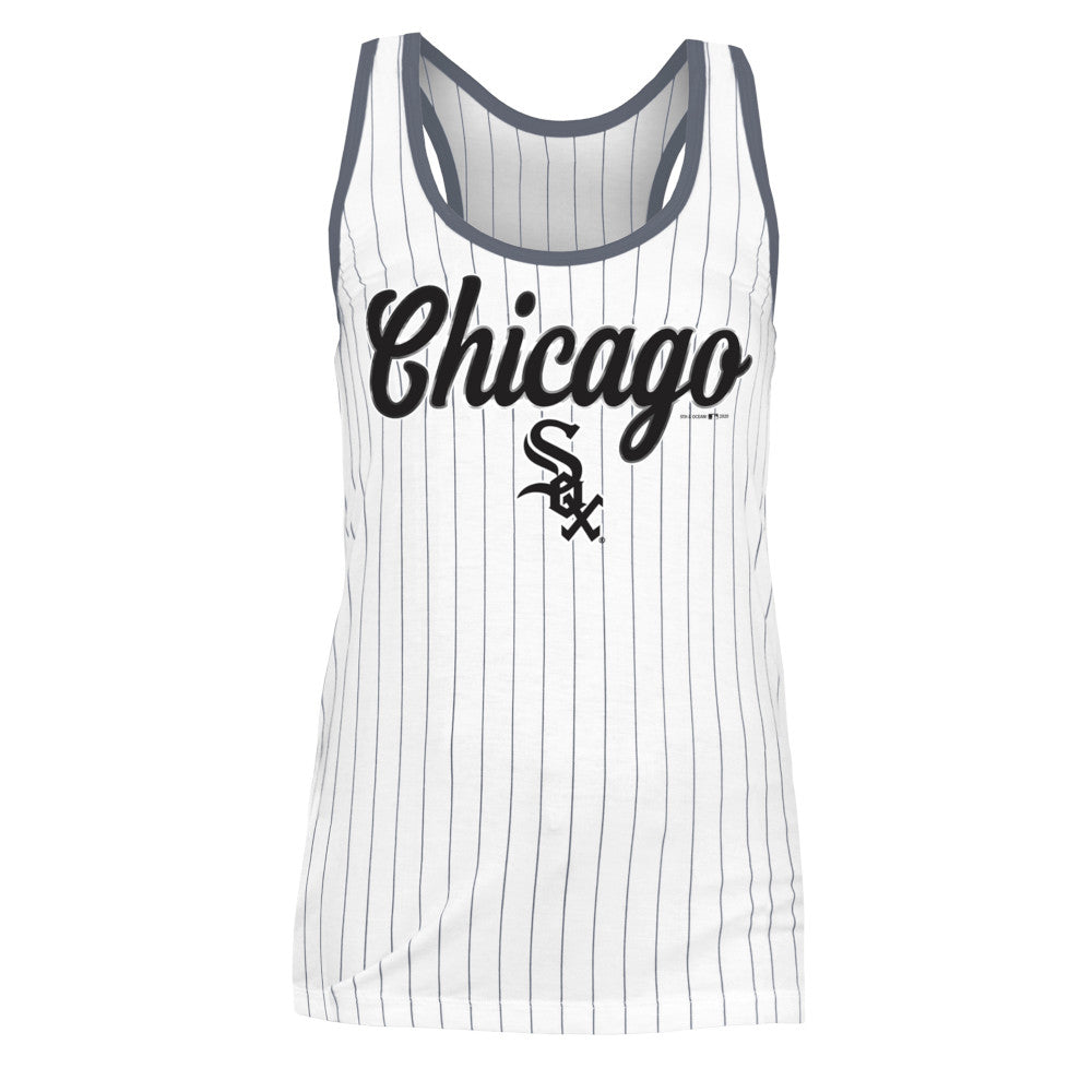 Chicago White Sox Pinstripe Chicago Script Logo Racer Back Women Tank product image 1, provided for visual reference and