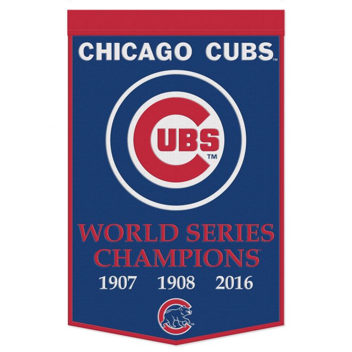 Chicago Cubs World Series Champions 1907 - 1908 - 2016 Wool Banner 24"x38" product image 1, provided for visual reference