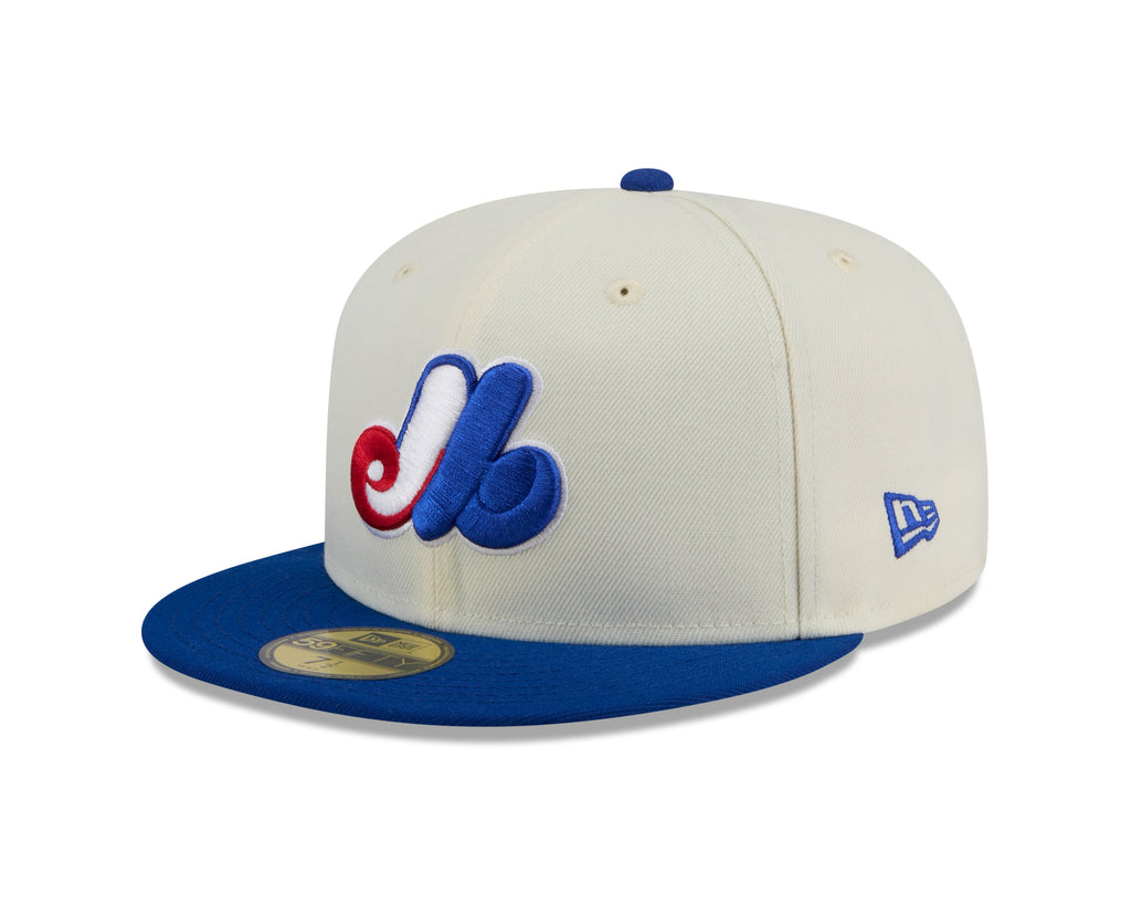 Montreal Expos MLB New Era Men Off-White/Royal-Blue 59Fifty Evergreen Fitted Hat product image 1, provided for visual