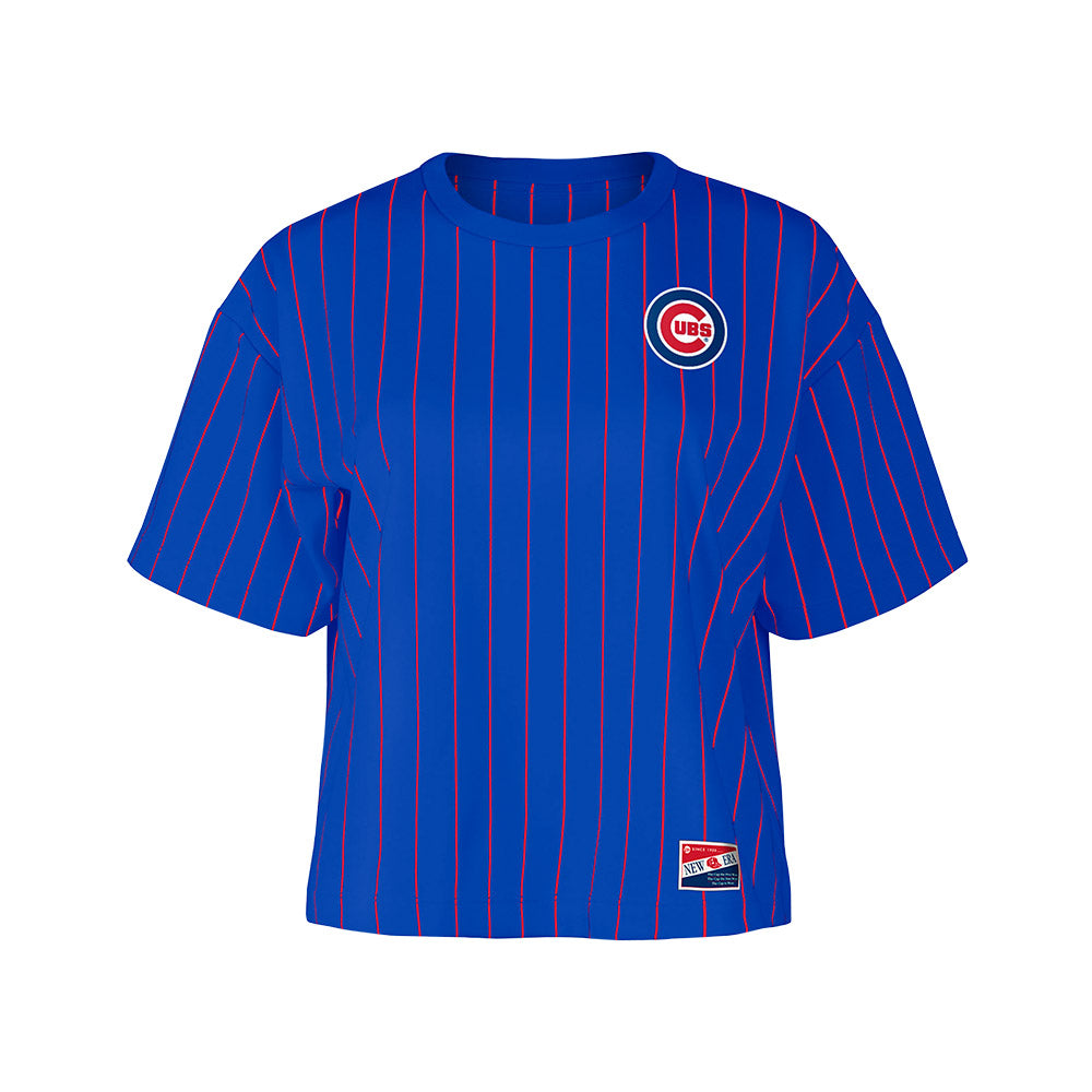 Chicago Cubs New Era Royal/Red Pinstripe Women Crop Top T-Shirt product image 1, provided for visual reference and product