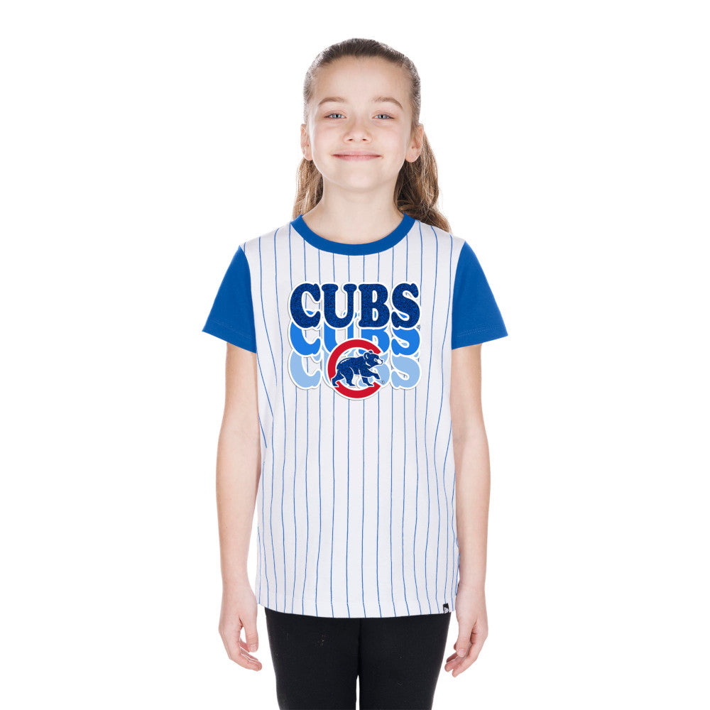 Chicago Cubs New Era Pinstripe Youth T-Shirt product image 1, provided for visual reference and product detail review
