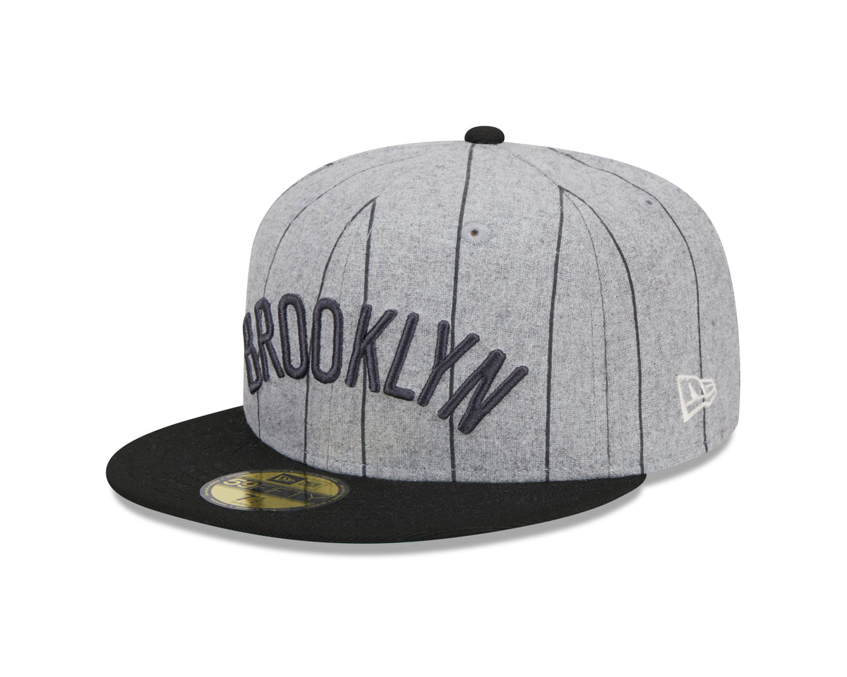 Brooklyn Nets NBA New Era Men Grey 59Fifty Heather Pinstripe Fitted Hat product image 1, provided for visual reference and