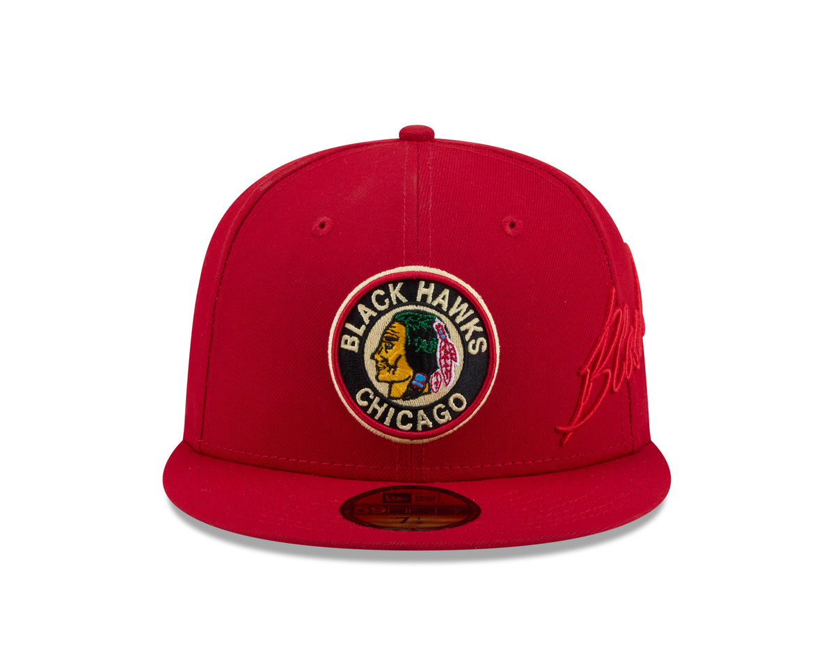 Chicago Blackhawks NHL New Era Men Red 59Fifty Side Script Fitted Hat product image 7, provided for visual reference and