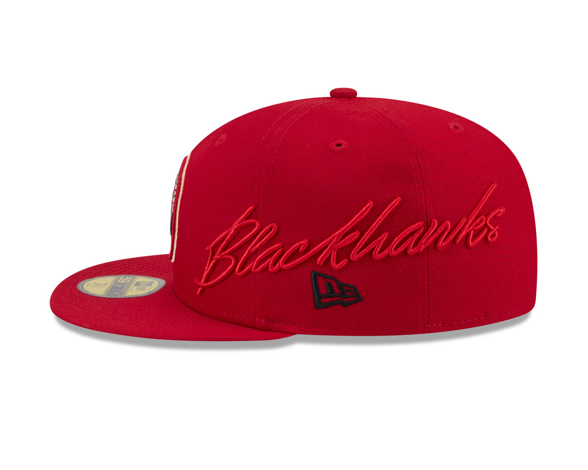 Chicago Blackhawks NHL New Era Men Red 59Fifty Side Script Fitted Hat product image 6, provided for visual reference and
