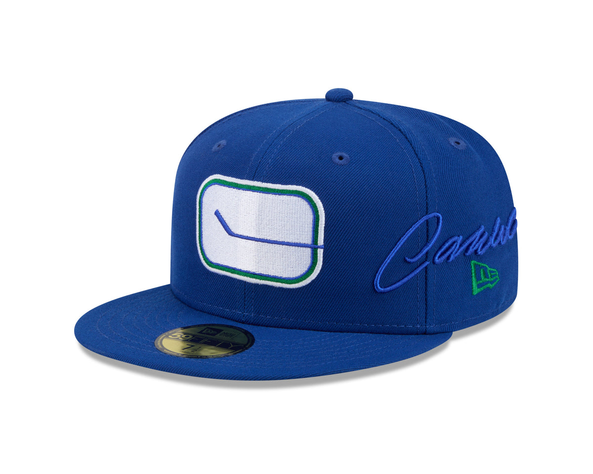 Vancouver Canucks NHL New Era Men Royal 59Fifty Side Script Fitted Hat product image 1, provided for visual reference and