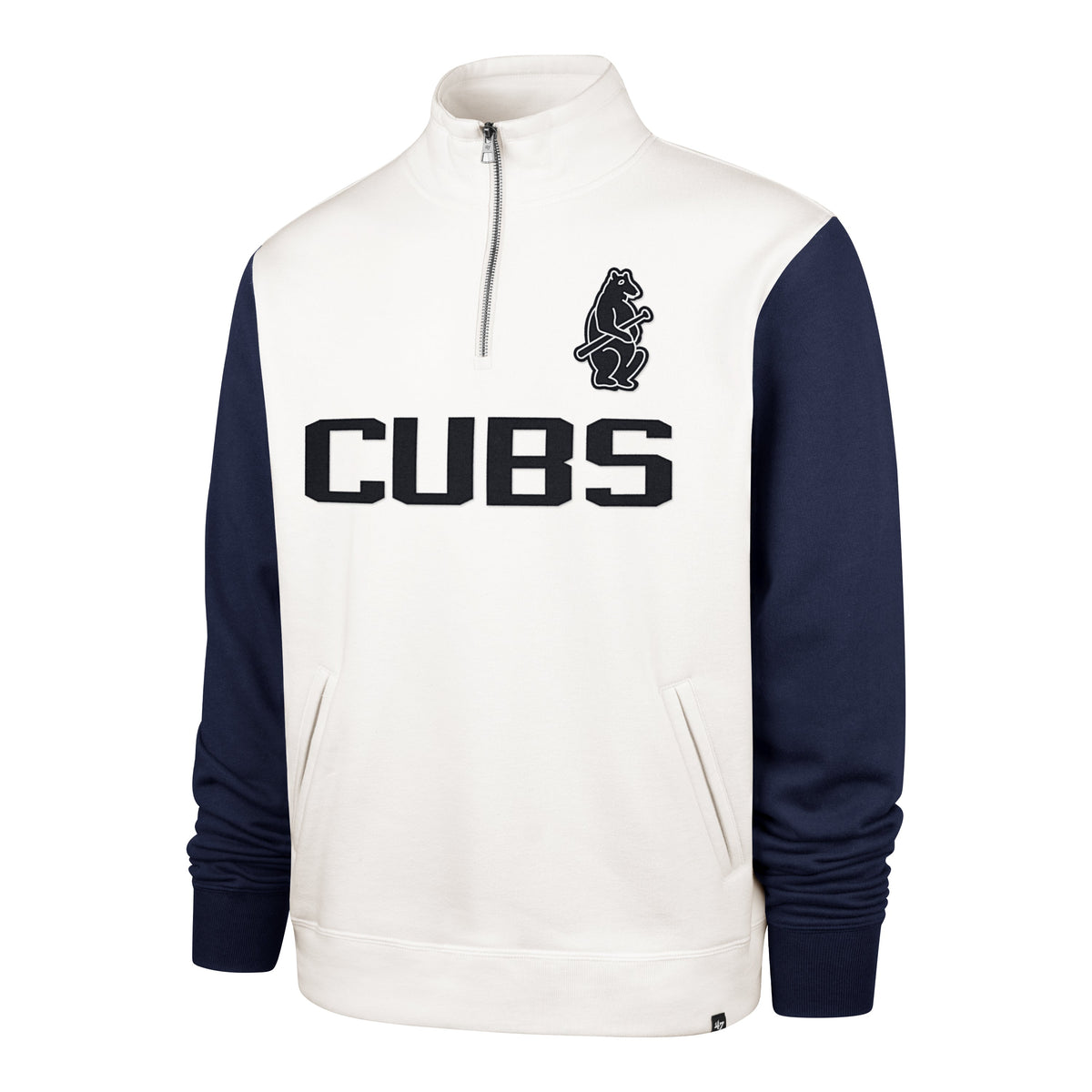 Chicago Cubs '47 White/Navy 1914 Winning Streak 1/4 Zip Sweatshirt product image 1, provided for visual reference and