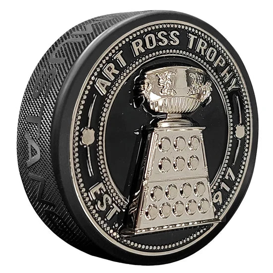 NHL Art Ross Ultra 3D Trophy Silver Medallion Hockey Puck product image 1, provided for visual reference and product detail