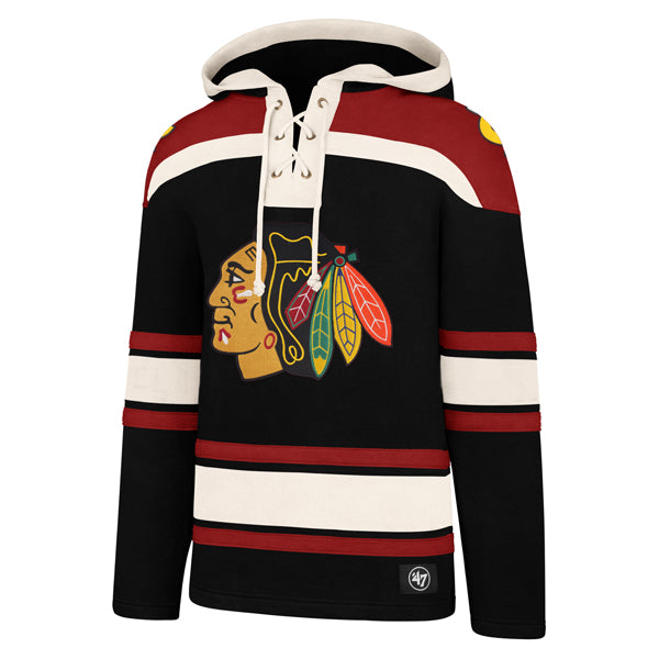Chicago Blackhawks Black/Red Primary Logo Lacer Hoodie product image 1, provided for visual reference and product detail