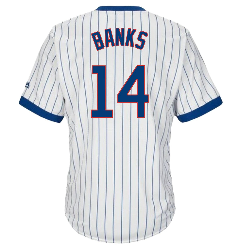 Ernie Banks Chicago Cubs Cooperstown White Pinstripe V-Neck Home Men Jersey product image 2, provided for visual reference