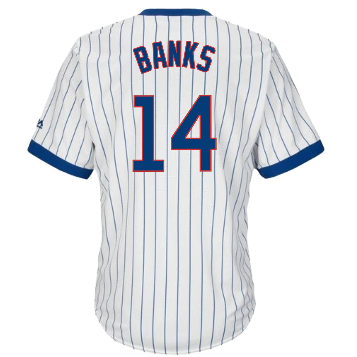 Ernie Banks Chicago Cubs Cooperstown White Pinstripe V-Neck Home Men Jersey product image 2, provided for visual reference