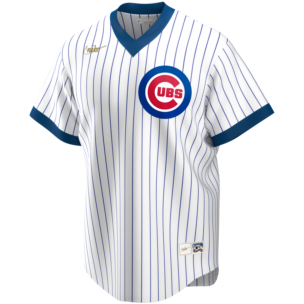 Chicago Cubs Nike Cooperstown Home Pinstripe V-neck Jersey product image 1, provided for visual reference and product detail