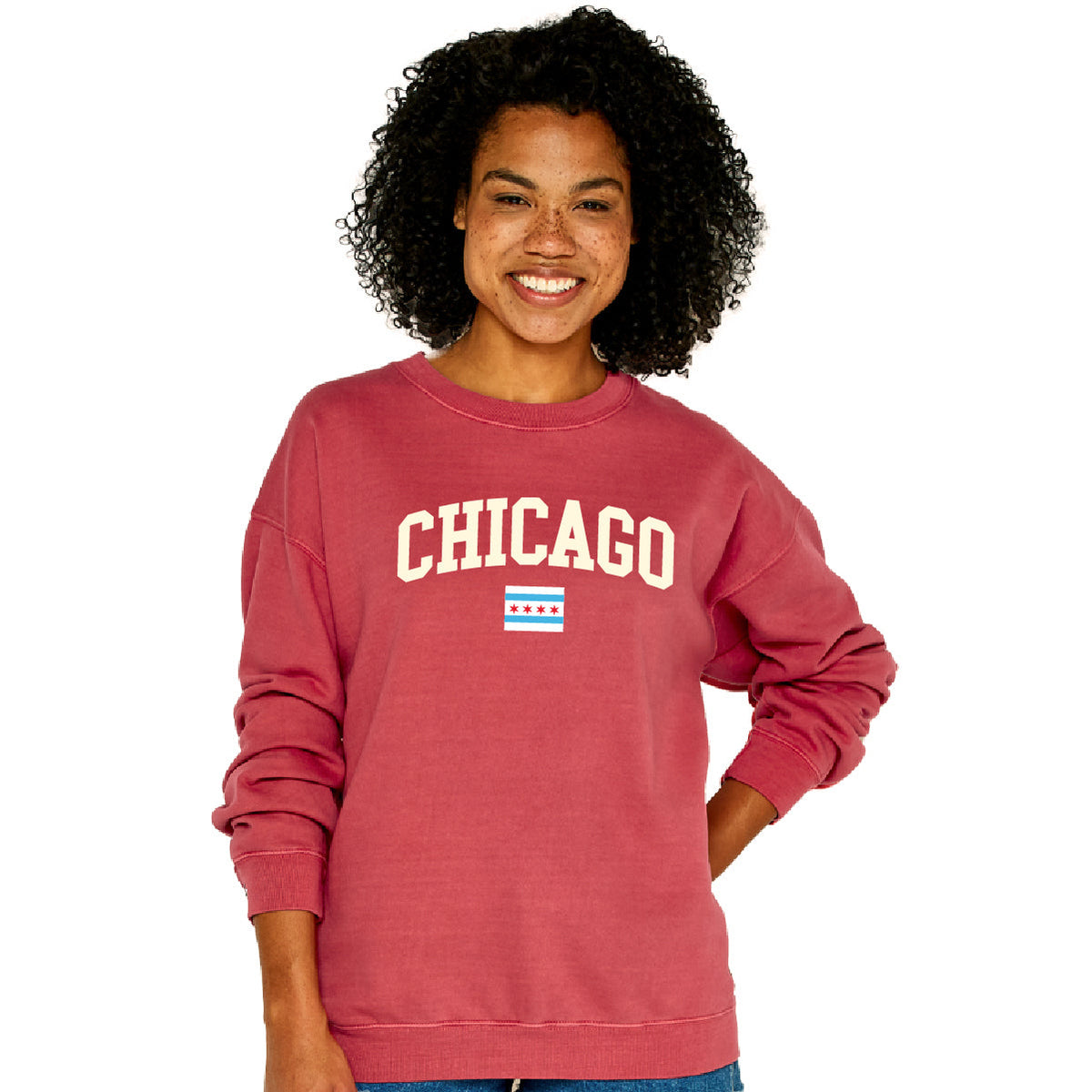 Chicago Crimson Flag Felt Women Crew Neck Sweatshirt product image 1, provided for visual reference and product detail review