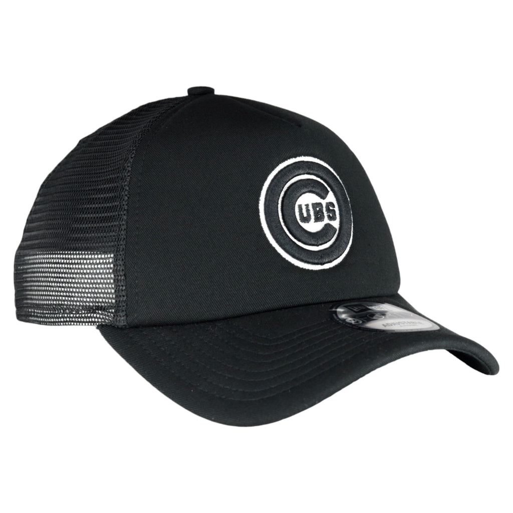 Chicago Cubs New Era 9FORTY A-Frame Foam Front Bullseye Black Trucker Hat product image 1, provided for visual reference and