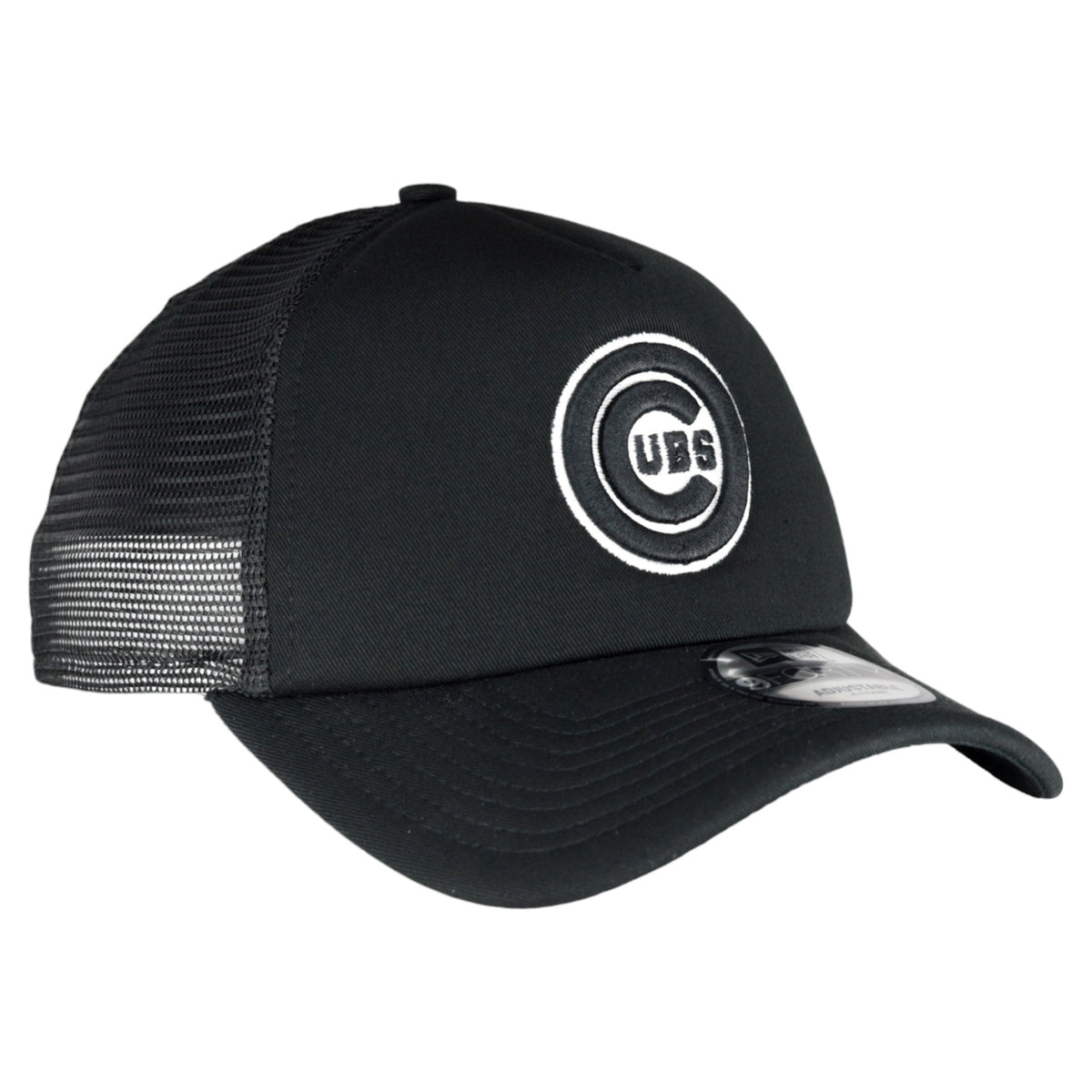 Chicago Cubs New Era 9FORTY A-Frame Foam Front Bullseye Black Trucker Hat product image 1, provided for visual reference and