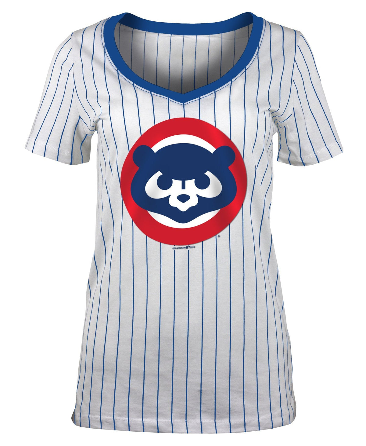 Chicago Cubs V-Neck Pinstripe 1984 Bear Women T-Shirt product image 1, provided for visual reference and product detail