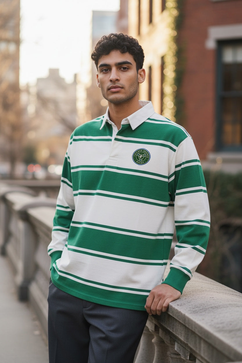 Chicago Hounds Retro Green/White Long Sleeve Rugby Rugger product image 1, provided for visual reference and product detail