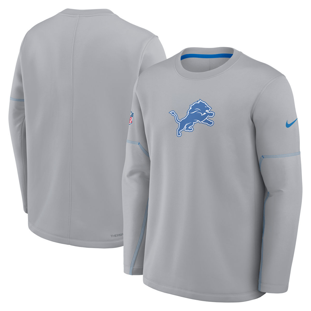 Detroit Lions NFL Nike Men Grey Sideline Coaches Midweight Therma-FIT Crew Long-sleeve Shirt product image 3, provided for