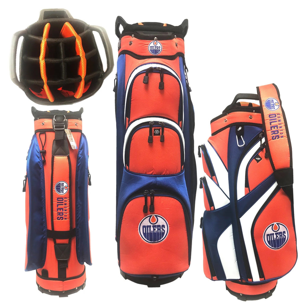 Edmonton Oilers NHL Orange/Navy Golf Cart Bag product image 2, provided for visual reference and product detail review