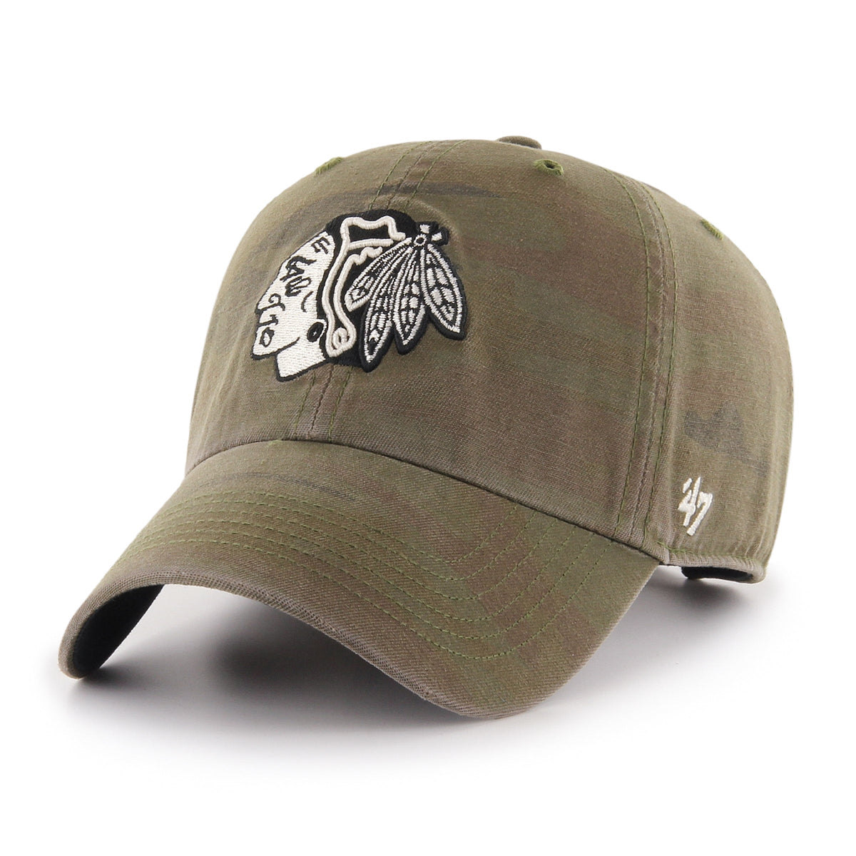 Chicago Blackhawks Camo Olive Primary Logo Adjustable Hat product image 1, provided for visual reference and product detail