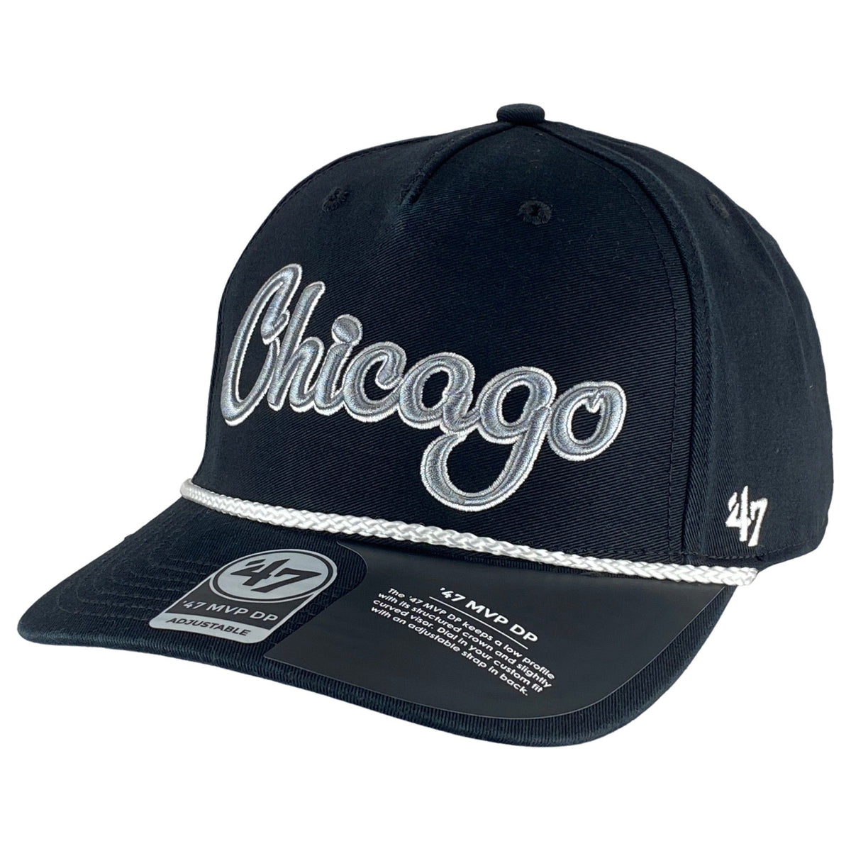 Chicago White Sox Black Overhand Rope Script Snapback Hat product image 2, provided for visual reference and product detail