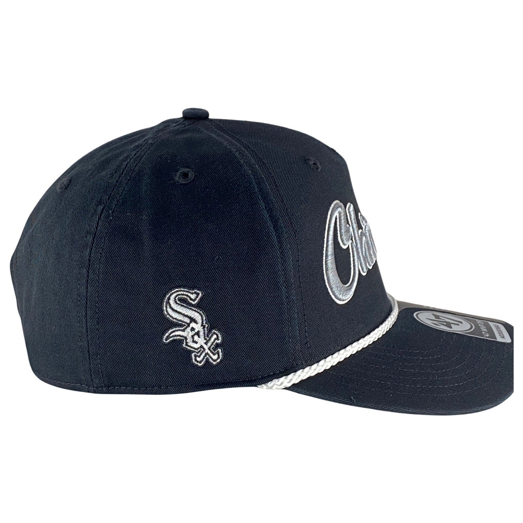 Chicago White Sox Black Overhand Rope Script Snapback Hat product image 3, provided for visual reference and product detail
