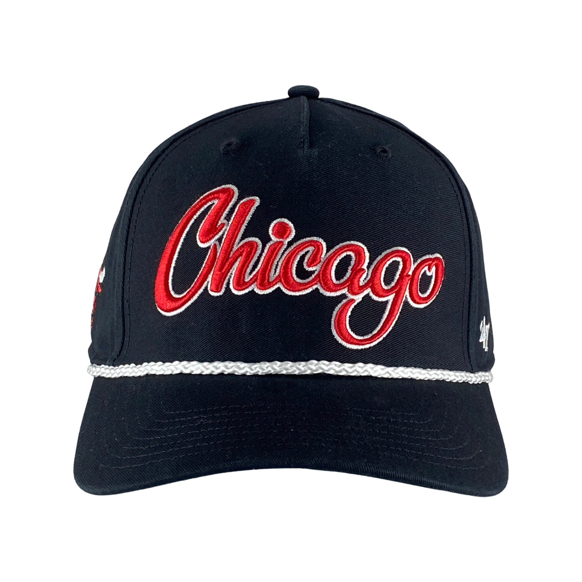 Chicago Bulls Black Overhand Rope Script Snapback Hat product image 3, provided for visual reference and product detail