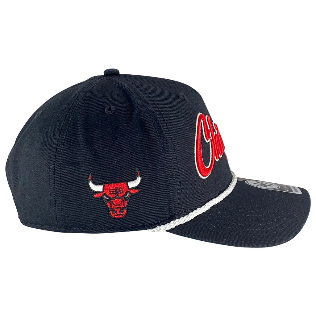 Chicago Bulls Black Overhand Rope Script Snapback Hat product image 5, provided for visual reference and product detail