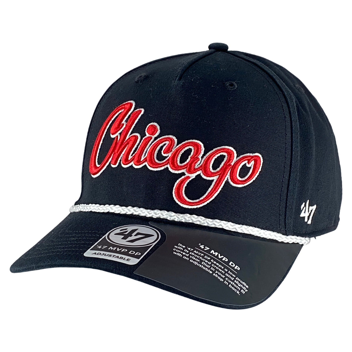 Chicago Bulls Black Overhand Rope Script Snapback Hat product image 2, provided for visual reference and product detail