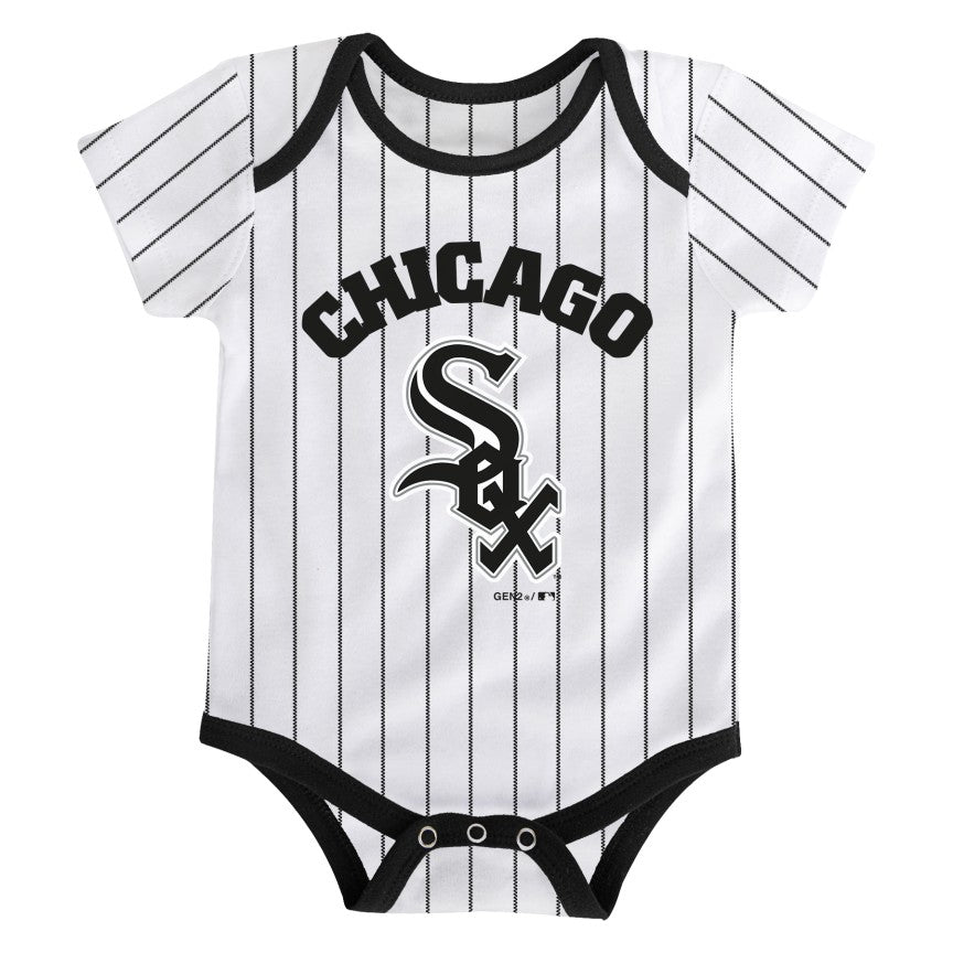 Chicago White Sox Pinstripe Current Logo "Chicago" Creeper Onesie product image 1, provided for visual reference and product