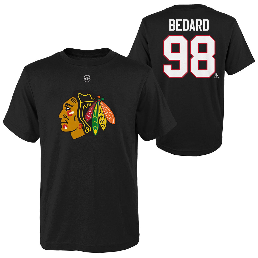 Connor Bedard Chicago Blackhawks Youth Black T-Shirt product image 1, provided for visual reference and product detail review