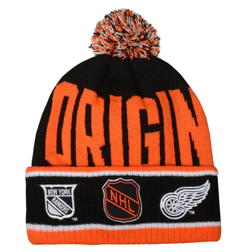 Original Six NHL Outerstuff Youth Vintage Black Large Rib Cuff Pom Knit Hat product image 2, provided for visual reference