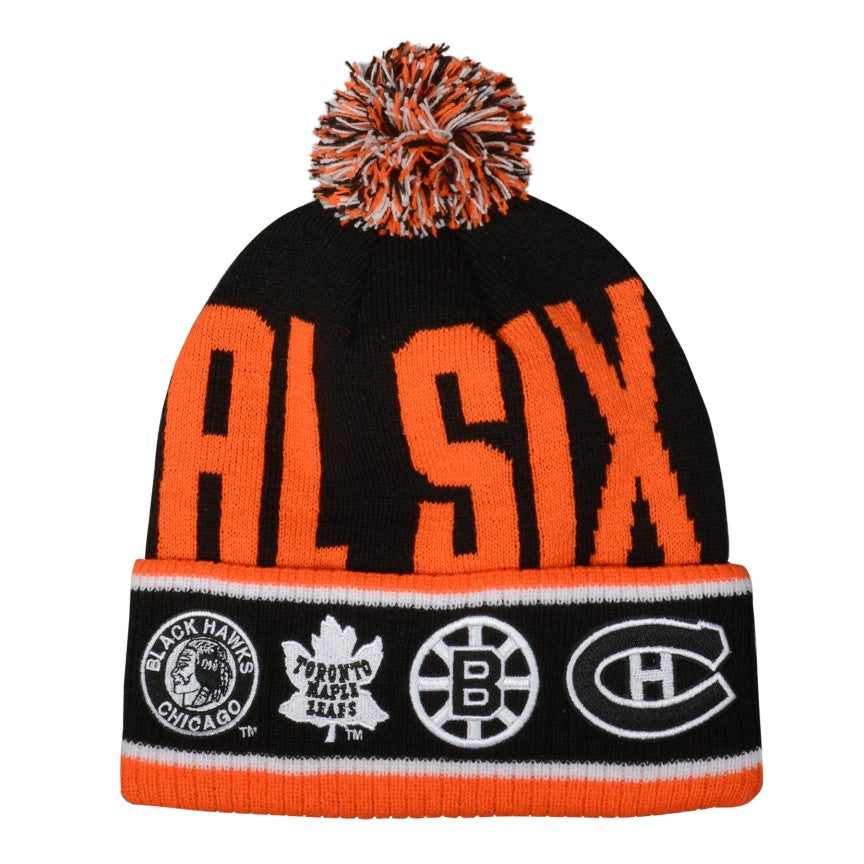 Original Six NHL Outerstuff Youth Vintage Black Large Rib Cuff Pom Knit Hat product image 1, provided for visual reference
