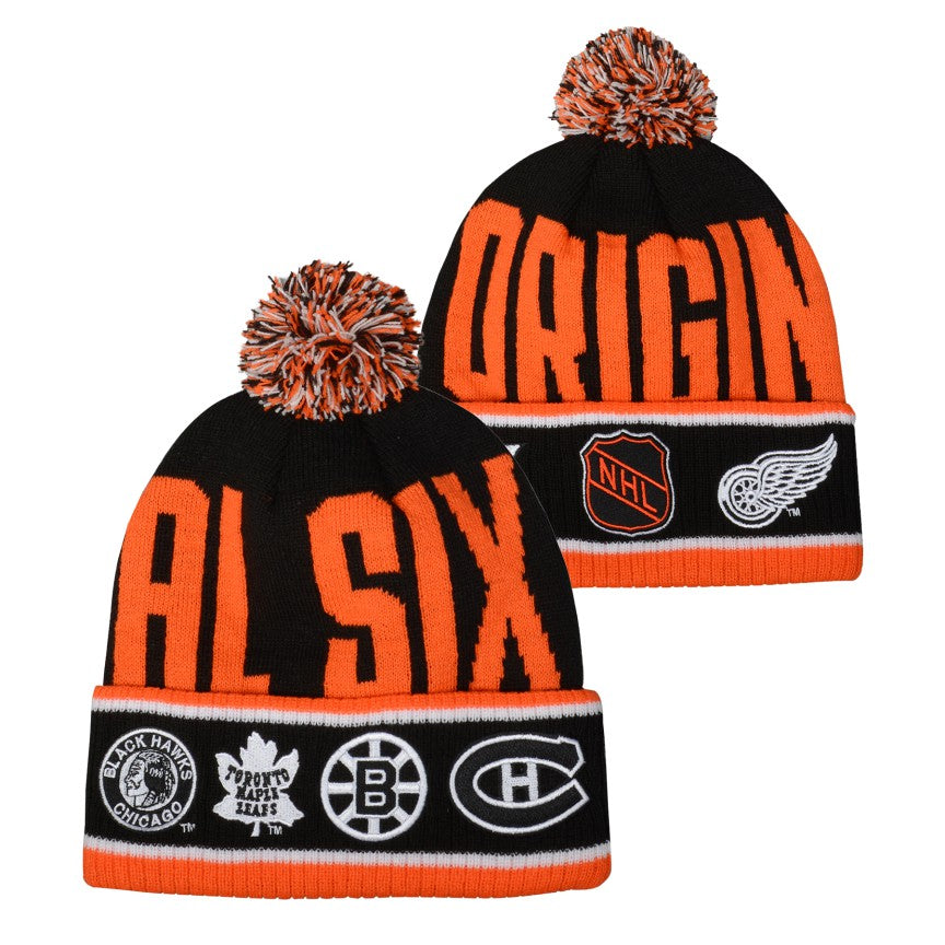 Original Six NHL Outerstuff Youth Vintage Black Large Rib Cuff Pom Knit Hat product image 3, provided for visual reference