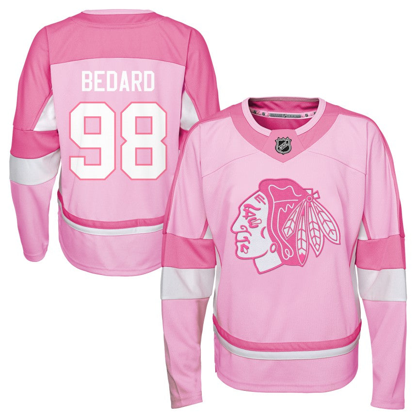 Connor Bedard Chicago Blackhawks Youth Pink Jersey product image 1, provided for visual reference and product detail review