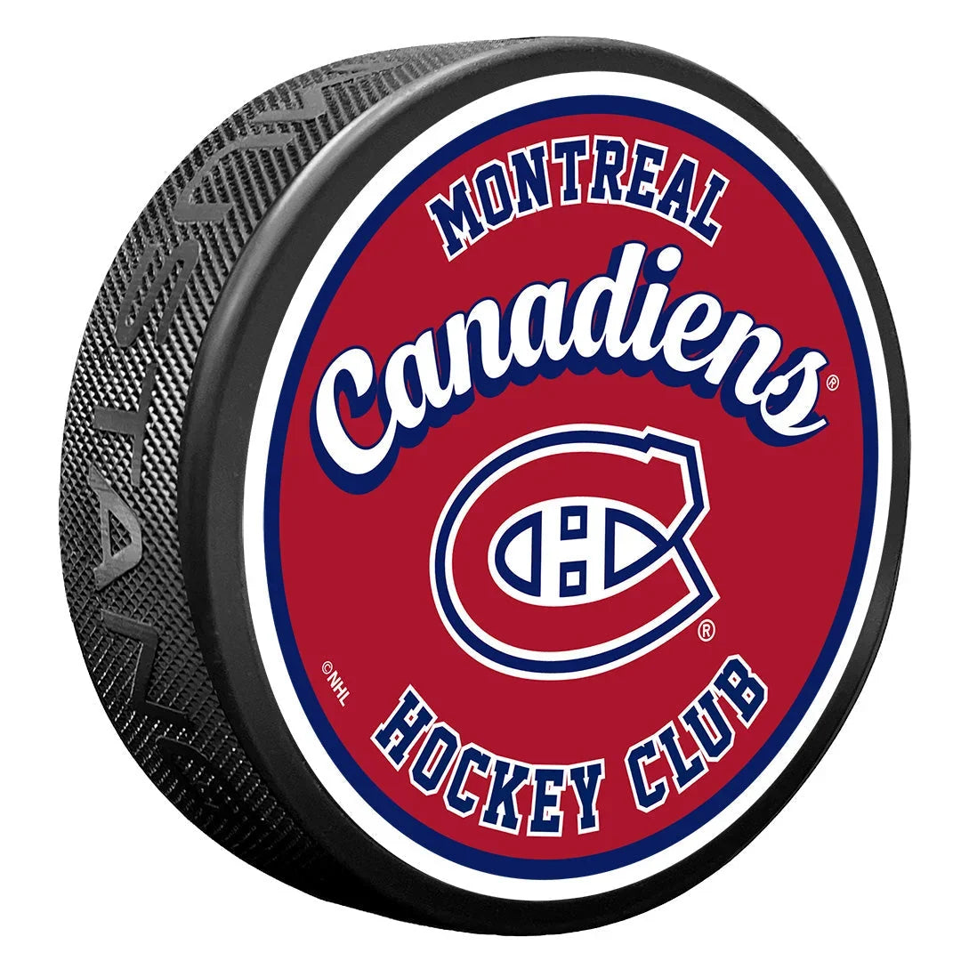 Montreal Canadiens NHL Retro Script Textured Hockey Puck product image 1, provided for visual reference and product detail