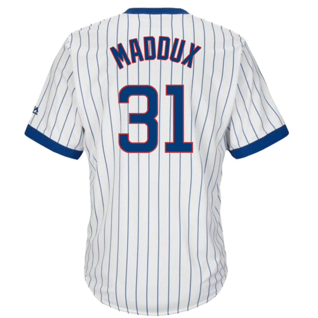 Greg Maddux Chicago Cubs Cooperstown White Pinstripe V-Neck Home Men Jersey product image 2, provided for visual reference
