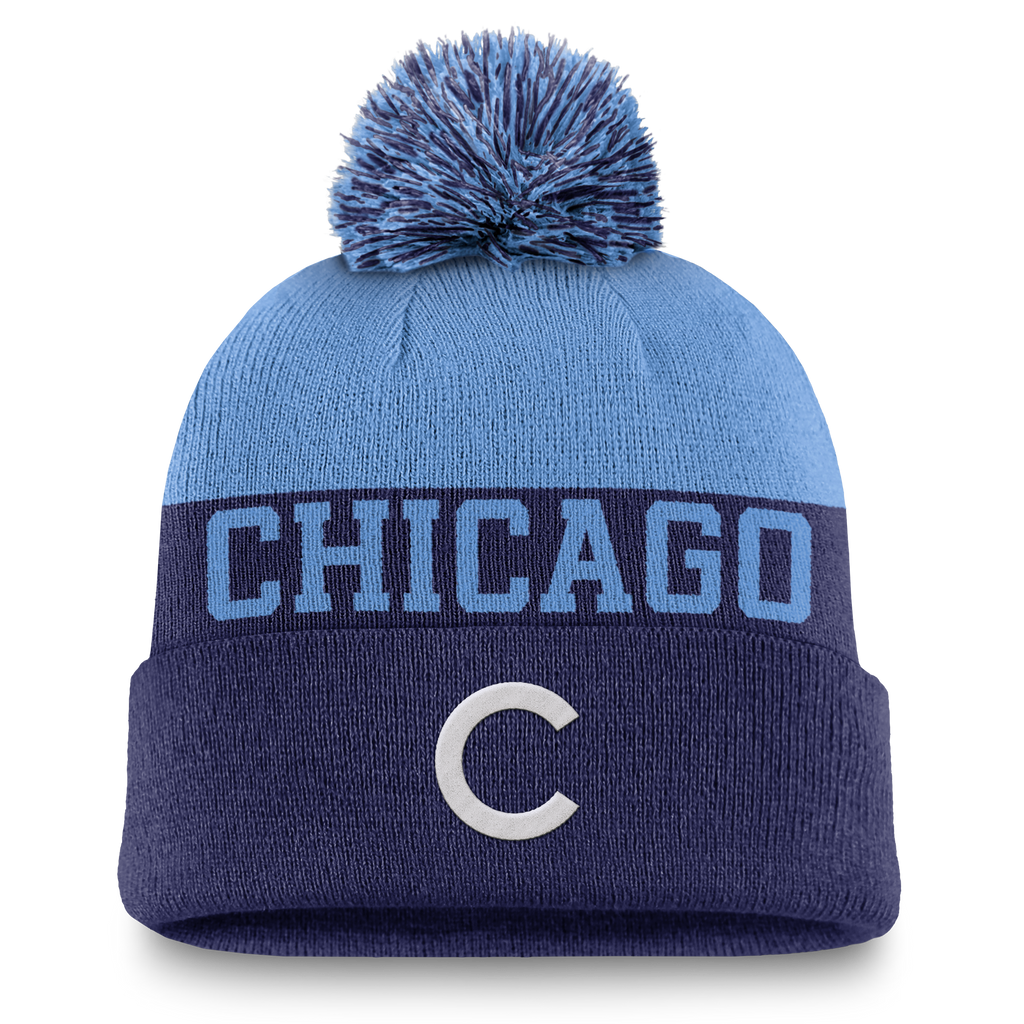Chicago Cubs Nike Navy/Valor Blue Winter 2024 Pom Knit Hat product image 1, provided for visual reference and product detail
