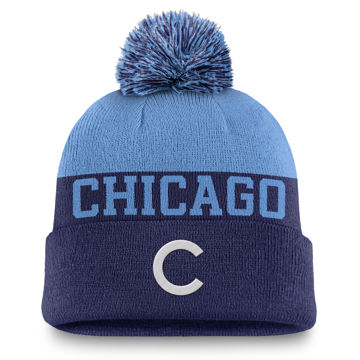 Chicago Cubs Nike Navy/Valor Blue Winter 2024 Pom Knit Hat product image 1, provided for visual reference and product detail