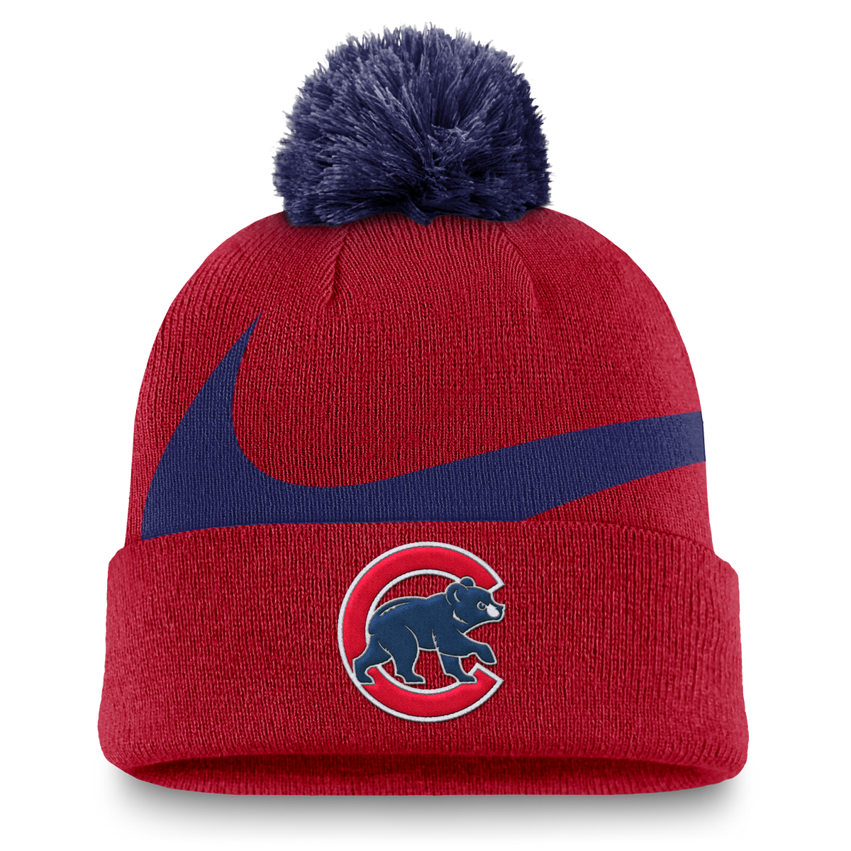 Chicago Cubs Nike Red/Blue Swoosh Winter 2024 Pom Knit Hat product image 1, provided for visual reference and product detail
