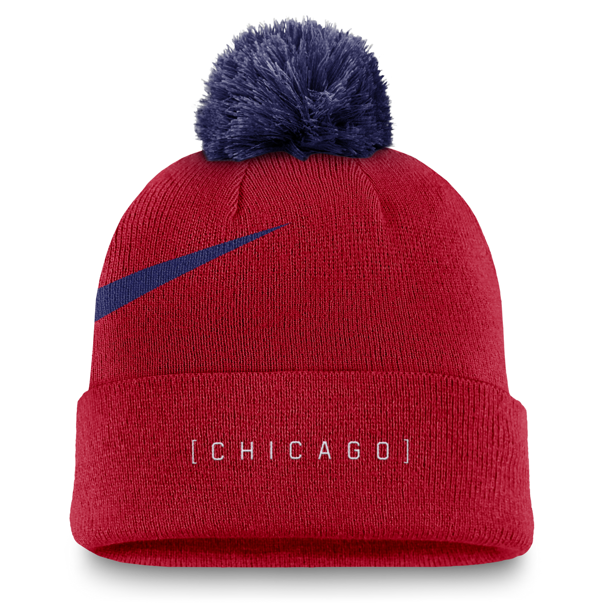Chicago Cubs Nike Red/Blue Swoosh Winter 2024 Pom Knit Hat product image 2, provided for visual reference and product detail