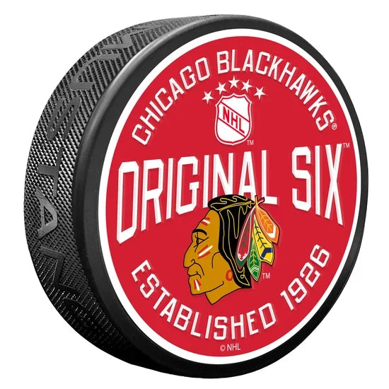Chicago Blackhawks Original Six NHL 1950's Textured Hockey Puck product image 1, provided for visual reference and product