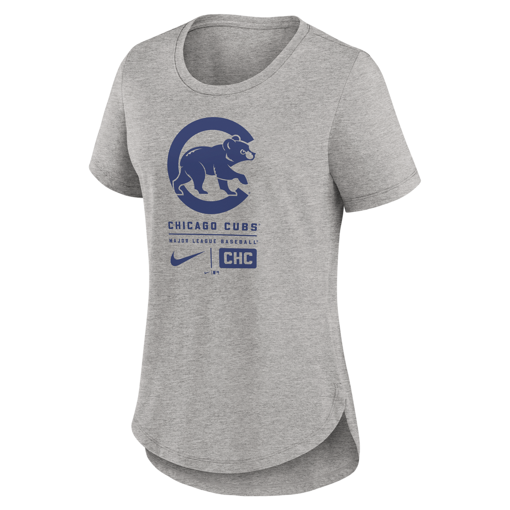 Chicago Cubs Grey Heather/Royal Crawl Bear Nike Women TriBlend T-Shirt product image 1, provided for visual reference and