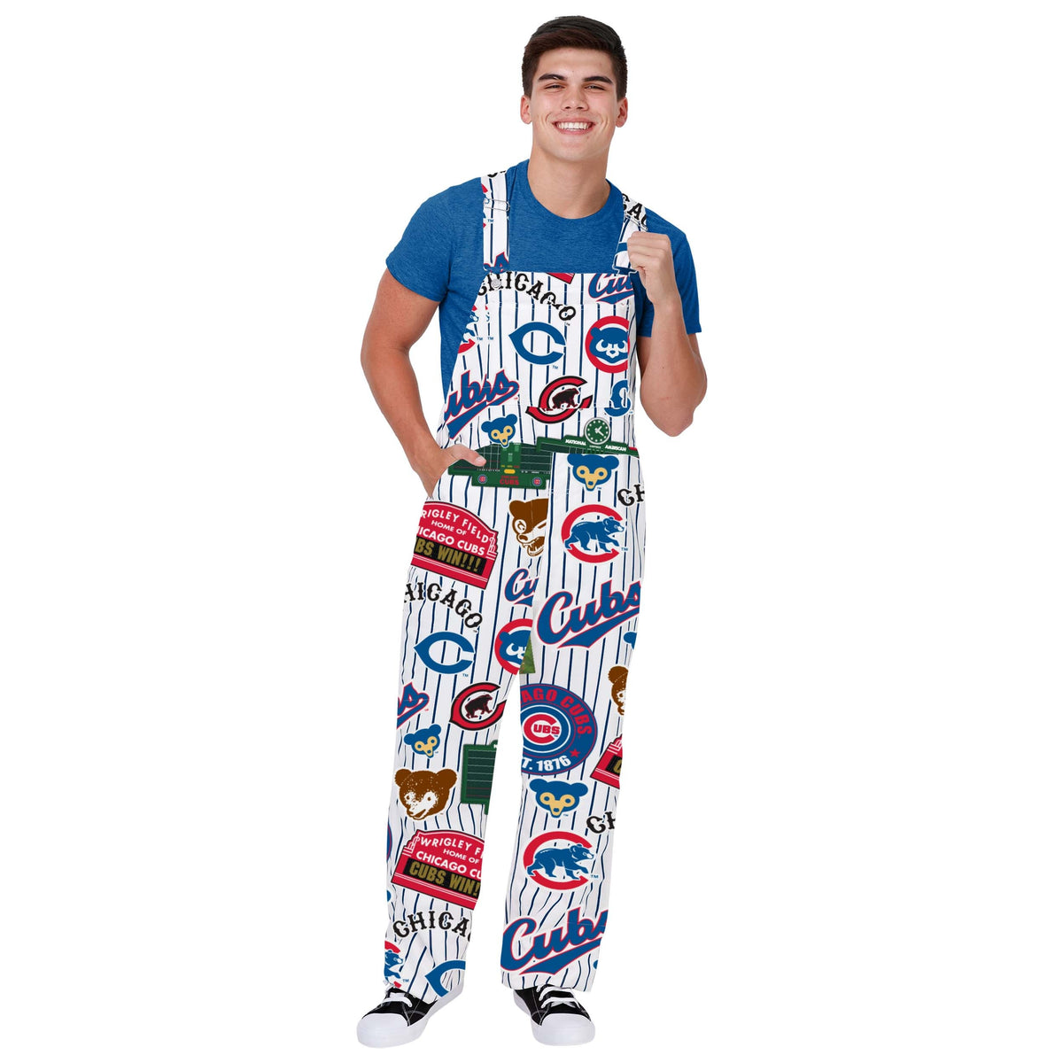 Chicago Cubs Retro Logos All Over Overalls product image 1, provided for visual reference and product detail review