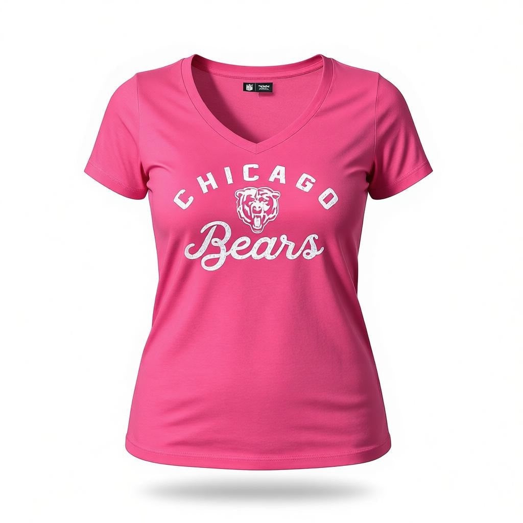 Chicago Bears Light Pink Script V-Neck T-Shirt product image 1, provided for visual reference and product detail review