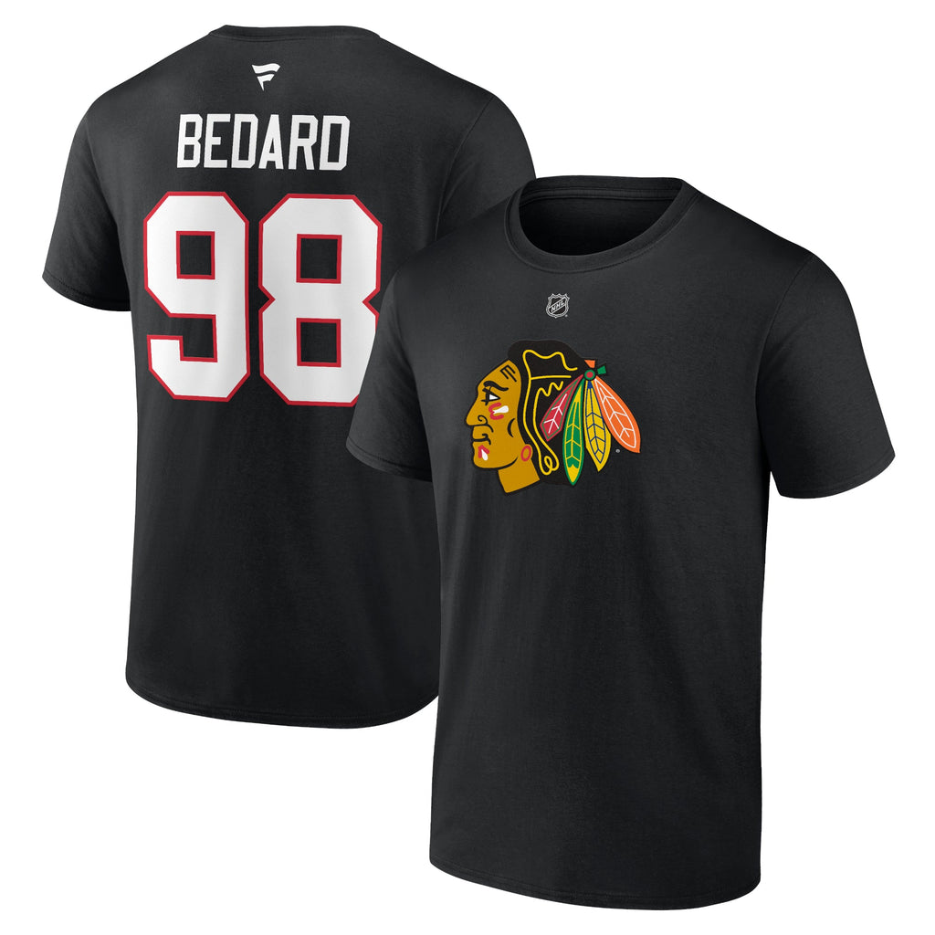 Connor Bedard #98 Chicago Blackhawks Black T-Shirt product image 1, provided for visual reference and product detail review