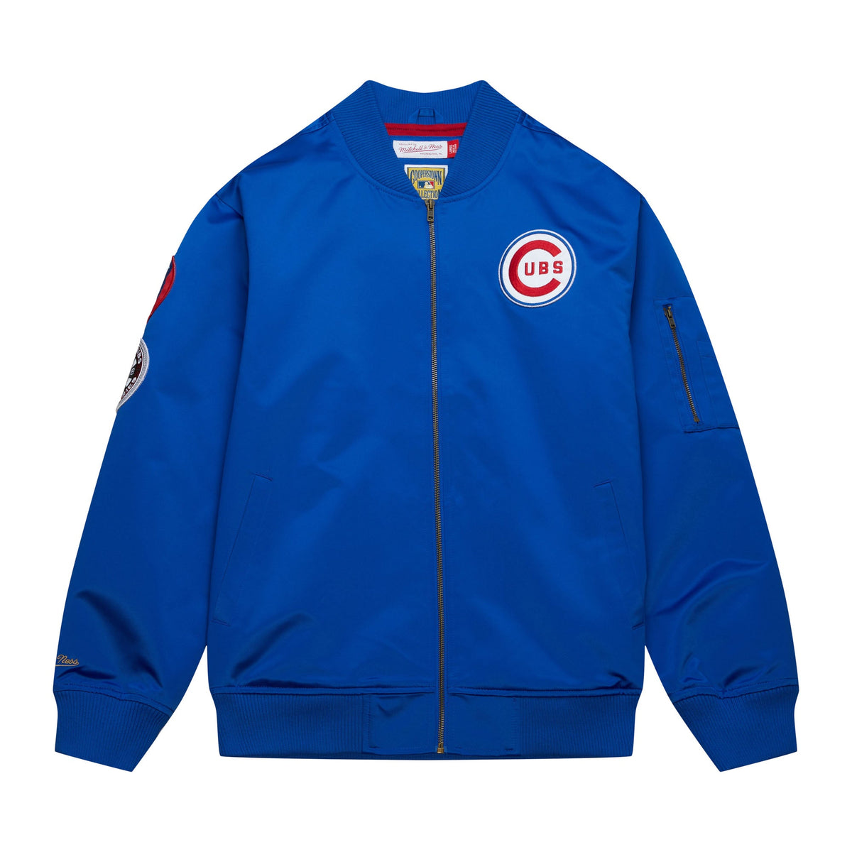Chicago Cubs Mitchell & Ness Lightweight Satin Bomber Jacket product image 1, provided for visual reference and product